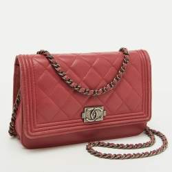 Chanel Coral Pink Quilted Leather Boy Flap Wallet On Chain