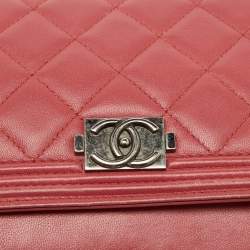Chanel Coral Pink Quilted Leather Boy Flap Wallet On Chain