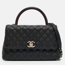 Pre Owned Chanel Black/Burgundy Quilted Caviar and Lizard Embossed Leather Small Coco Top Handle Bag