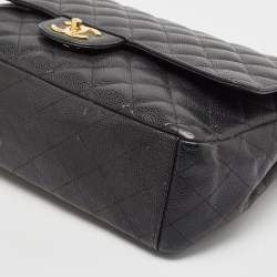 Pre Owned Chanel Black Quilted Caviar Leather Maxi Classic Double Flap Bag
