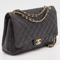 Pre Owned Chanel Black Quilted Caviar Leather Maxi Classic Double Flap Bag