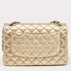 Pre Owned Chanel Gold Stitched Quilted Leather Jumbo Classic Double Flap Bag