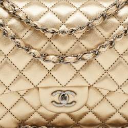 Pre Owned Chanel Gold Stitched Quilted Leather Jumbo Classic Double Flap Bag