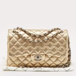 Pre Owned Chanel Gold Stitched Quilted Leather Jumbo Classic Double Flap Bag