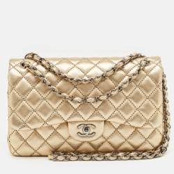 Pre Owned Chanel Gold Stitched Quilted Leather Jumbo Classic Double Flap Bag