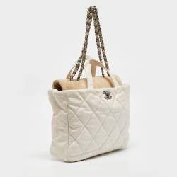 Pre Owned Chanel White Quilted Leather and Suede Portobello Tote