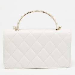 Chanel White Quilted Leather Pearl Embellished Top Handle Phone Holder Bag