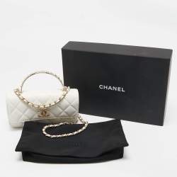 Chanel White Quilted Leather Pearl Embellished Top Handle Phone Holder Bag