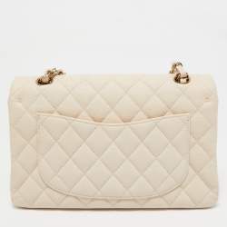 Pre Owned Chanel Cream Quilted Caviar Leather Small Classic Double Flap Bag