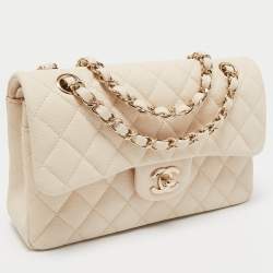 Pre Owned Chanel Cream Quilted Caviar Leather Small Classic Double Flap Bag