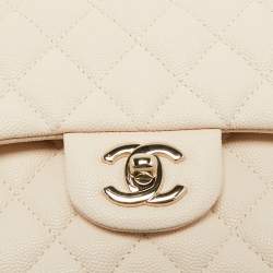 Pre Owned Chanel Cream Quilted Caviar Leather Small Classic Double Flap Bag