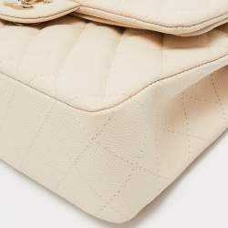 Pre Owned Chanel Cream Quilted Caviar Leather Small Classic Double Flap Bag