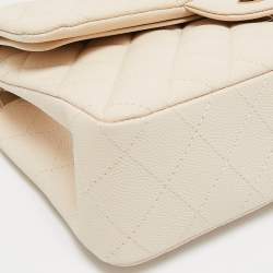 Pre Owned Chanel Cream Quilted Caviar Leather Small Classic Double Flap Bag