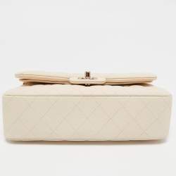 Pre Owned Chanel Cream Quilted Caviar Leather Small Classic Double Flap Bag