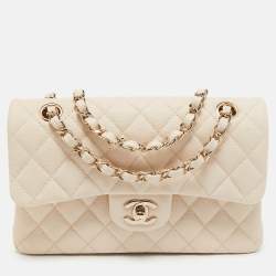 Pre Owned Chanel Cream Quilted Caviar Leather Small Classic Double Flap Bag