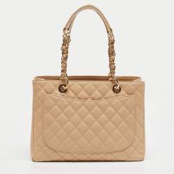 Pre Owned Chanel Beige Quilted Caviar Leather Grand Shopper Tote