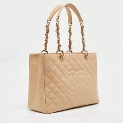 Pre Owned Chanel Beige Quilted Caviar Leather Grand Shopper Tote
