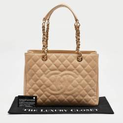 Pre Owned Chanel Beige Quilted Caviar Leather Grand Shopper Tote