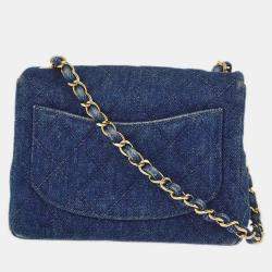 Pre Owned Chanel Blue Denim Mini Classic Square Flap Bag