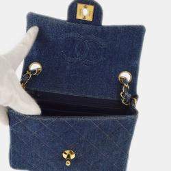 Pre Owned Chanel Blue Denim Mini Classic Square Flap Bag