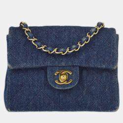 Pre Owned Chanel Blue Denim Mini Classic Square Flap Bag