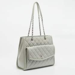 Chanel Light Grey Quilted Leather CC Front Pocket Tote