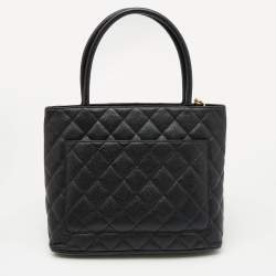 Pre Owned Chanel Black Quilted Caviar Leather Medallion Tote