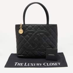 Pre Owned Chanel Black Quilted Caviar Leather Medallion Tote