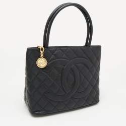 Pre Owned Chanel Black Quilted Caviar Leather Medallion Tote