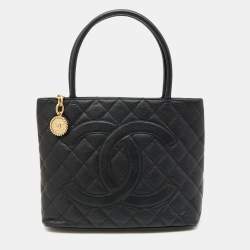 Pre Owned Chanel Black Quilted Caviar Leather Medallion Tote