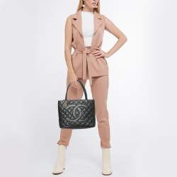 Pre Owned Chanel Black Quilted Caviar Leather Medallion Tote