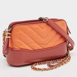 Chanel Orange/Red Quilted Leather Gabrielle Double Zip Chain Clutch