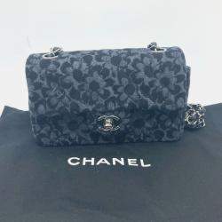 Pre Owned Chanel Black Denim  Camellia Motif Chain Shoulder Bag