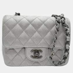 Chanel Silver  Caviar Leather Chain Shoulder Bag