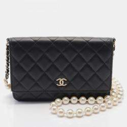Chanel Black Lambskin Leather Pearl Wallet on Chain