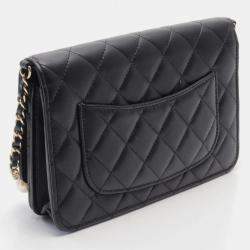 Chanel Black Lambskin Leather Pearl Wallet on Chain