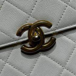 Pre Owned Chanel White Caviar Quilted Small Top Handle Flap Bag