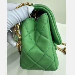 Pre Owned Chanel Green Leather Quilted Mini Pearl Square Flap Bag