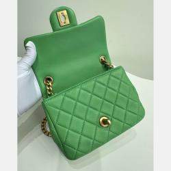 Pre Owned Chanel Green Leather Quilted Mini Pearl Square Flap Bag