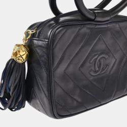 Pre Owned Chanel Navy Lambskin Leather Fringe Handbag 