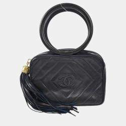 Pre Owned Chanel Navy Lambskin Leather Fringe Handbag 
