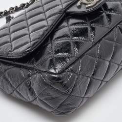 Chanel Black Crinkled Quilted Patent Leather Jumbo Single Flap Bag