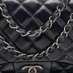 Chanel Black Crinkled Quilted Patent Leather Jumbo Single Flap Bag