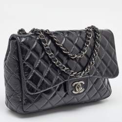 Chanel Black Crinkled Quilted Patent Leather Jumbo Single Flap Bag
