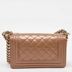 Pre Owned Chanel Beige Quilted Patent Leather Small Boy Flap Bag