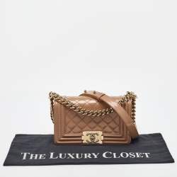 Pre Owned Chanel Beige Quilted Patent Leather Small Boy Flap Bag