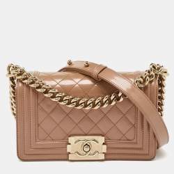 Pre Owned Chanel Beige Quilted Patent Leather Small Boy Flap Bag