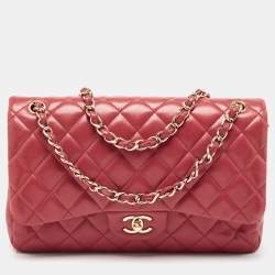 Pre Owned Chanel Red Quilted Lambskin Leather Jumbo Classic Double Flap Bag