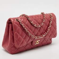 Pre Owned Chanel Red Quilted Lambskin Leather Jumbo Classic Double Flap Bag