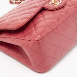 Pre Owned Chanel Red Quilted Lambskin Leather Jumbo Classic Double Flap Bag
